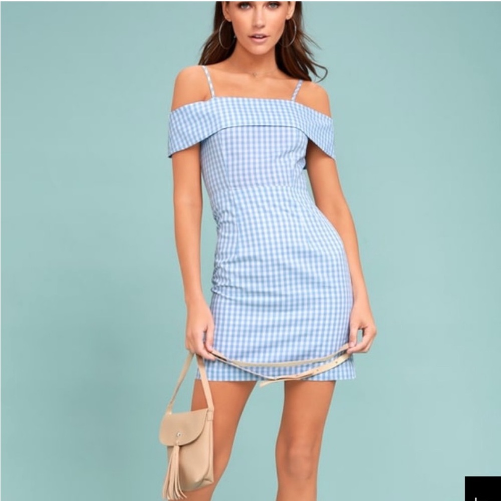 Lulu’s x re:named Blue Gingham Off the Shoulder Spaghetti Strap Summer Dress